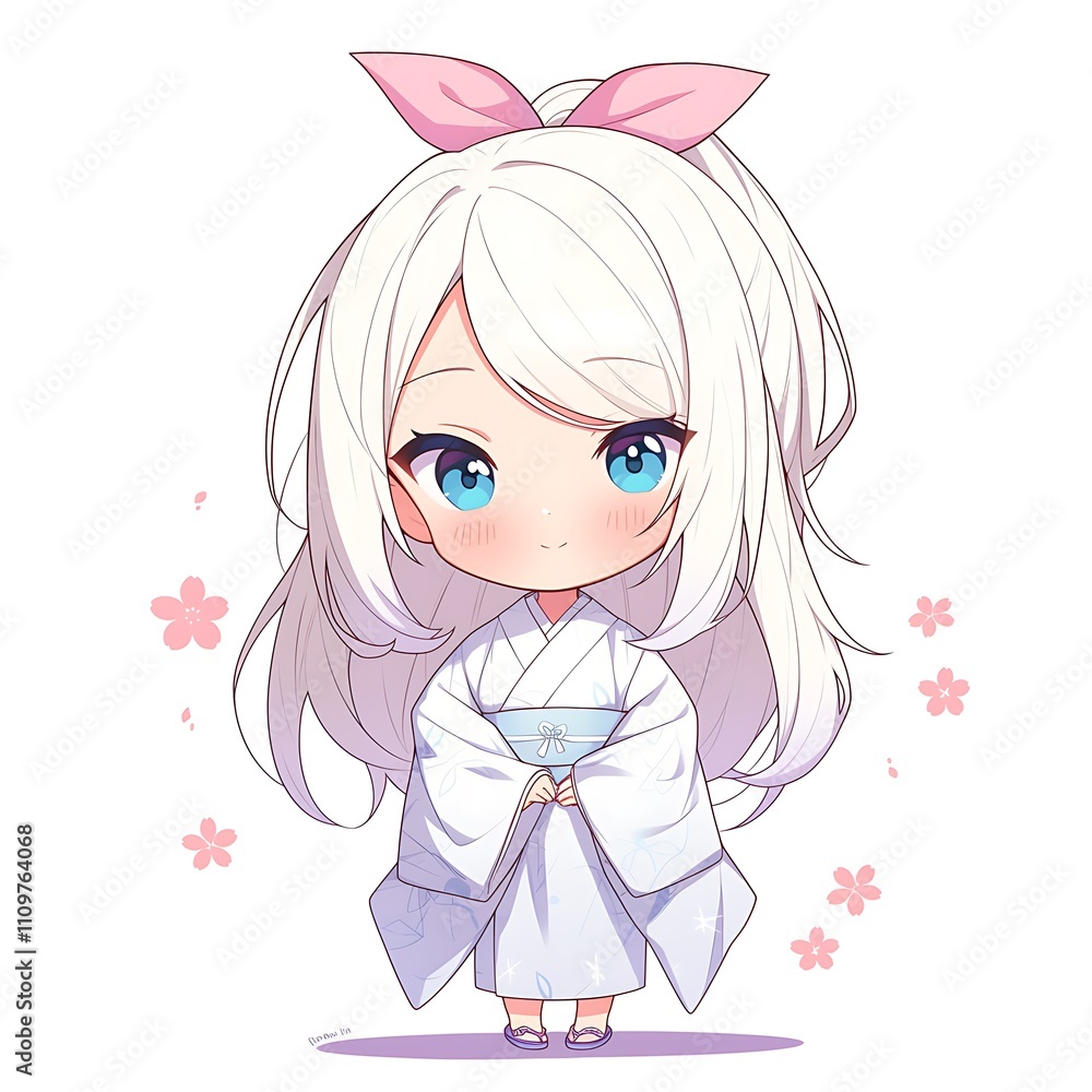 Cute Anime Girl in Kimono. Kawaii Character Design. Cute Anime Girl in Kimono. Kawaii Character Design.