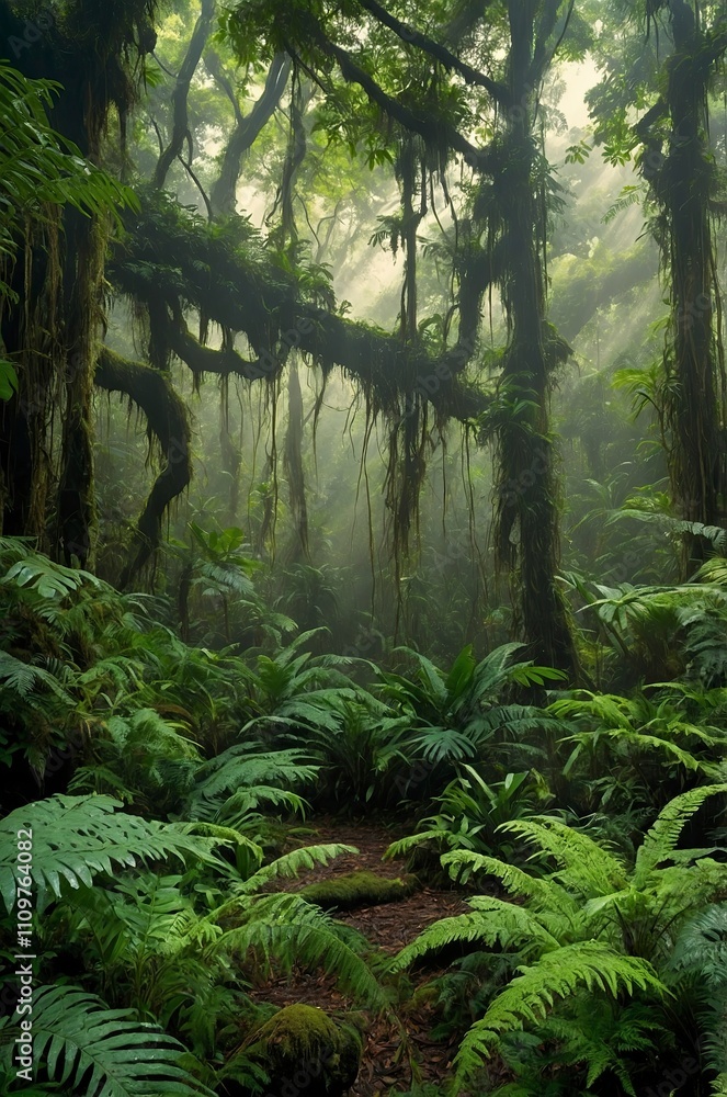 A misty rain forest scene with lush green foliage, vines, and epiphytes, illuminated by dappled sunlight filtering through the canopy above, casting intricate shadows on the forest floor A misty rain forest scene with lush green foliage, vines, and epiphytes, illuminated by dappled sunlight filtering through the canopy above, casting intricate shadows on the forest floor