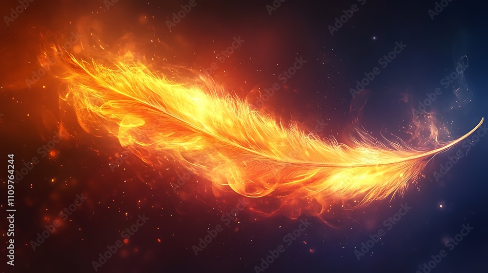 Fiery feather blazing in dark space.