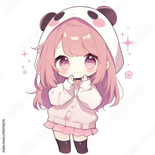 Cute anime girl with panda hoodie. Kawaii character design.