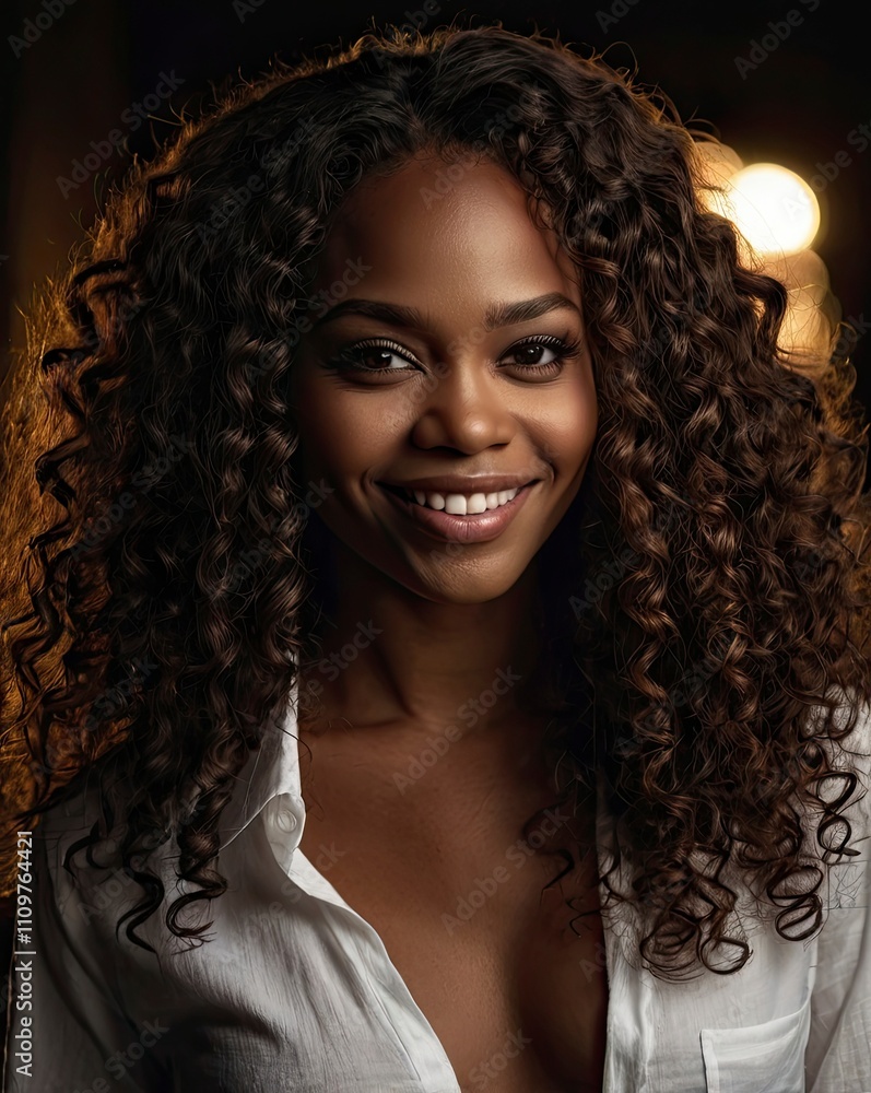 A pretty black woman smiling with long curly hair, wearing a white shirt, standing in the dark A pretty black woman smiling with long curly hair, wearing a white shirt, standing in the dark