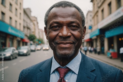 Close portrait of a smiling senior Guinean businessman looking at the camera, Guinean big city outdoors blurred background