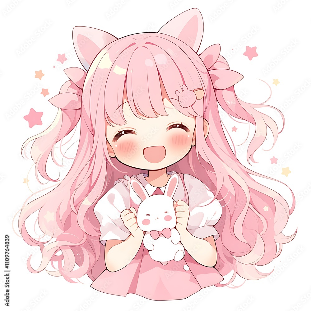 Cute anime girl with pink hair holding a bunny. Kawaii character, happy expression. Cute anime girl with pink hair holding a bunny. Kawaii character, happy expression.