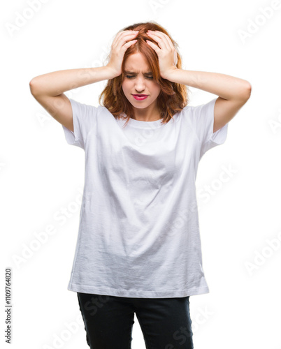 Young beautiful woman over isolated background suffering from headache desperate and stressed because pain and migraine. Hands on head.