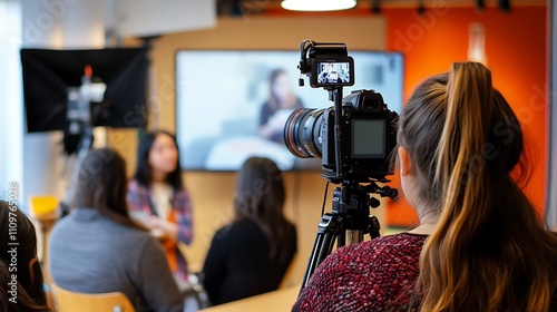 Filmmaker shoots interview with young women in modern office.