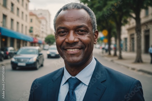 Close portrait of a smiling senior Haitian businessman looking at the camera, Haitian big city outdoors blurred background