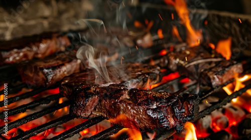 Typical Argentinian barbecue or asado: Burning wood in the grill and red hot coals.