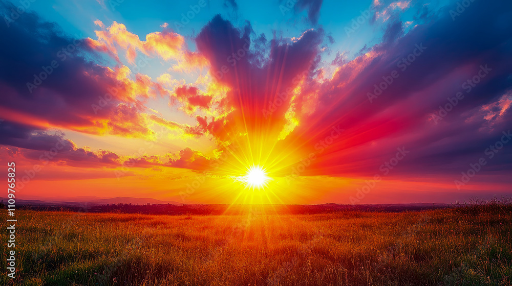 Golden sun sets behind hills, casting brilliant hues across the sky and reflecting on the lush green field under the vast atmosphere Golden sun sets behind hills, casting brilliant hues across the sky and reflecting on the lush green field under the vast atmosphere