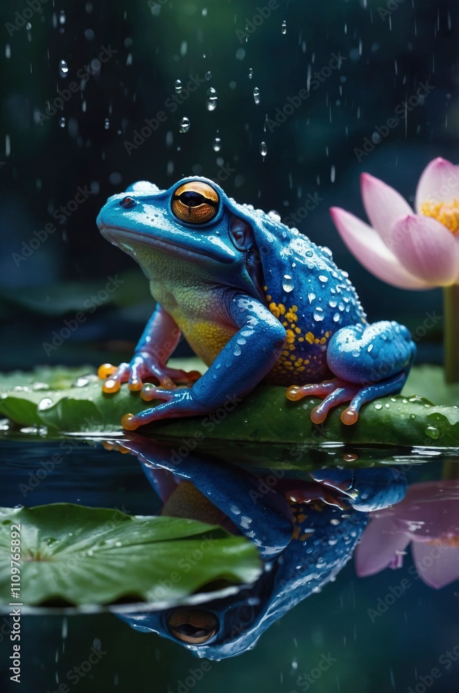 Watercolor art, a tree blue treefrog sitting on a lotus leaf, floating on water with raindrops, surrounded by bright colors and anime style reflections. The background is an enchanted forest at night. Watercolor art, a tree blue treefrog sitting on a lotus leaf, floating on water with raindrops, surrounded by bright colors and anime style reflections. The background is an enchanted forest at night.