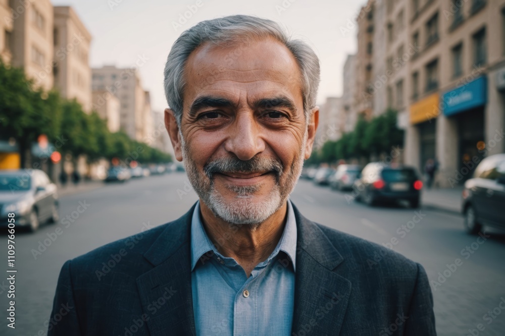Close portrait of a smiling senior Iranian businessman looking at the camera, Iranian big city outdoors blurred background Close portrait of a smiling senior Iranian businessman looking at the camera, Iranian big city outdoors blurred background