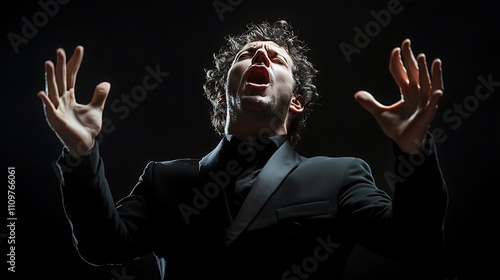 Low-lit portrait of a male opera singer dramatically singing with his arms raised.