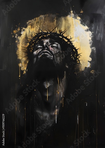 Dramatic portrait of a man, crowned with thorns, in a dark and moody atmosphere. Gold accents highlight his suffering.