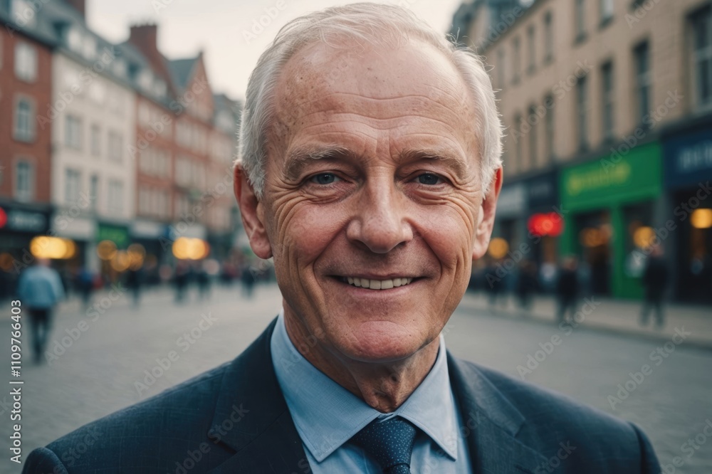 Close portrait of a smiling senior Irish businessman looking at the camera, Irish big city outdoors blurred background Close portrait of a smiling senior Irish businessman looking at the camera, Irish big city outdoors blurred background
