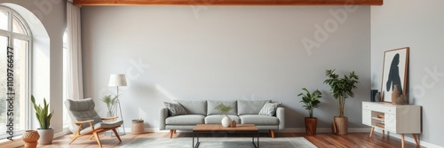 Retro style living room with grey empty wall, mid-century modern furniture, vintage decor, beautiful, interior, living room