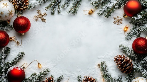 A Christmas background featuring balls, tree branches, and snow, with a flat lay style and space for text. photo