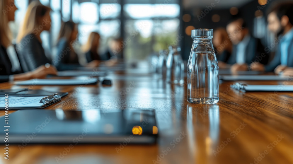 Participants are focused on discussing strategies and ideas around a wooden conference table in a bright, contemporary office environment Participants are focused on discussing strategies and ideas around a wooden conference table in a bright, contemporary office environment