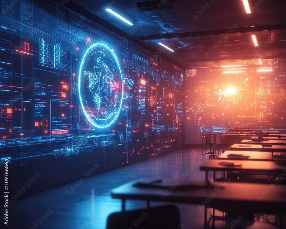 A classroom with a glowing holographic screen showing cybersecurity training simulations, cinematic light flares A classroom with a glowing holographic screen showing cybersecurity training simulations, cinematic light flares