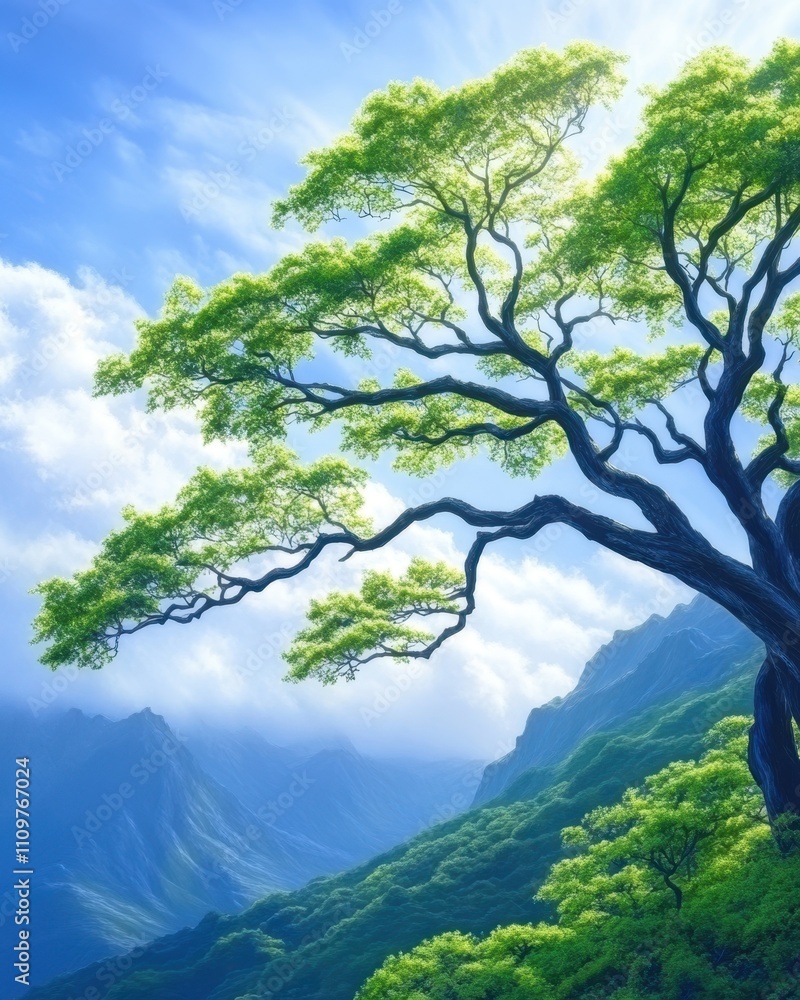 Obraz premium Celebrate International Forest Day With a Vibrant Tree Against a Stunning Mountain Backdrop