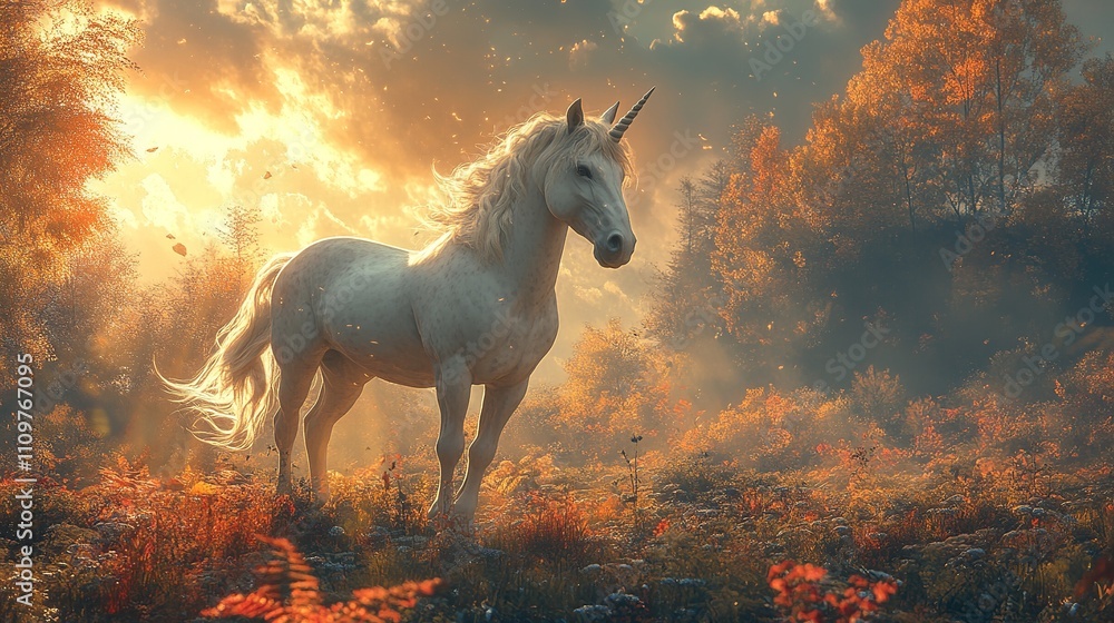 Majestic Unicorn Standing in a Dreamy Fairytale Landscape with Lush Vegetation and Magical Atmosphere Majestic Unicorn Standing in a Dreamy Fairytale Landscape with Lush Vegetation and Magical Atmosphere