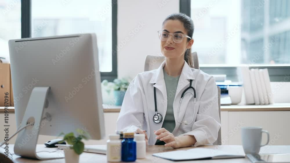 Video of beautiful female doctor working with her laptop in the consultation. Video of beautiful female doctor working with her laptop in the consultation.