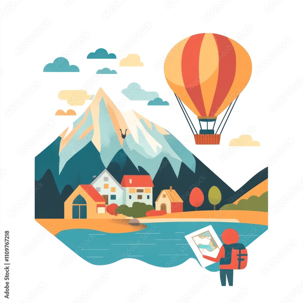 custom made wallpaper toronto digitalTourist with map near lake & mountains, hot air balloon.