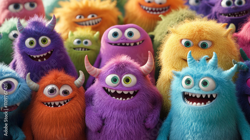 Cute Fluffy Monster Group  Cartoon Characters  Happy Furry Friends  Rainbow Colors  3D Ren