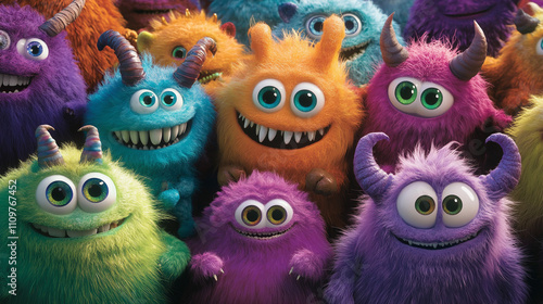Cute Fluffy Monsters Cartoon Characters Group