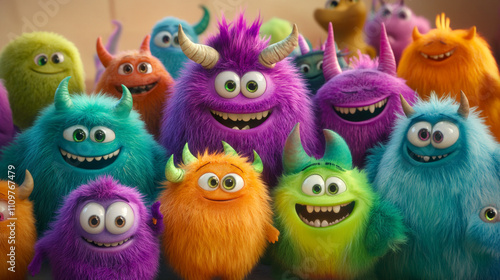 Happy Fluffy Monsters Cartoon Group  Cute  Friendly Furry Creatures