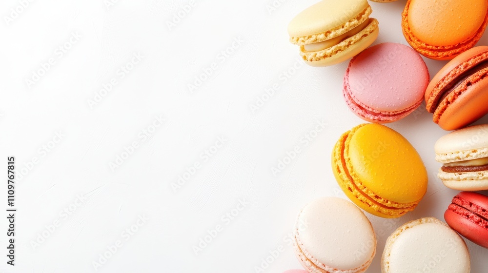 Fototapeta premium Colorful Display of Delicious French Macaroons on a Blurred White Background