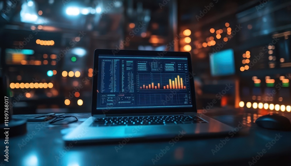 A disaster recovery dashboard glowing brightly on a laptop in a dimly lit control room, cinematic composition A disaster recovery dashboard glowing brightly on a laptop in a dimly lit control room, cinematic composition