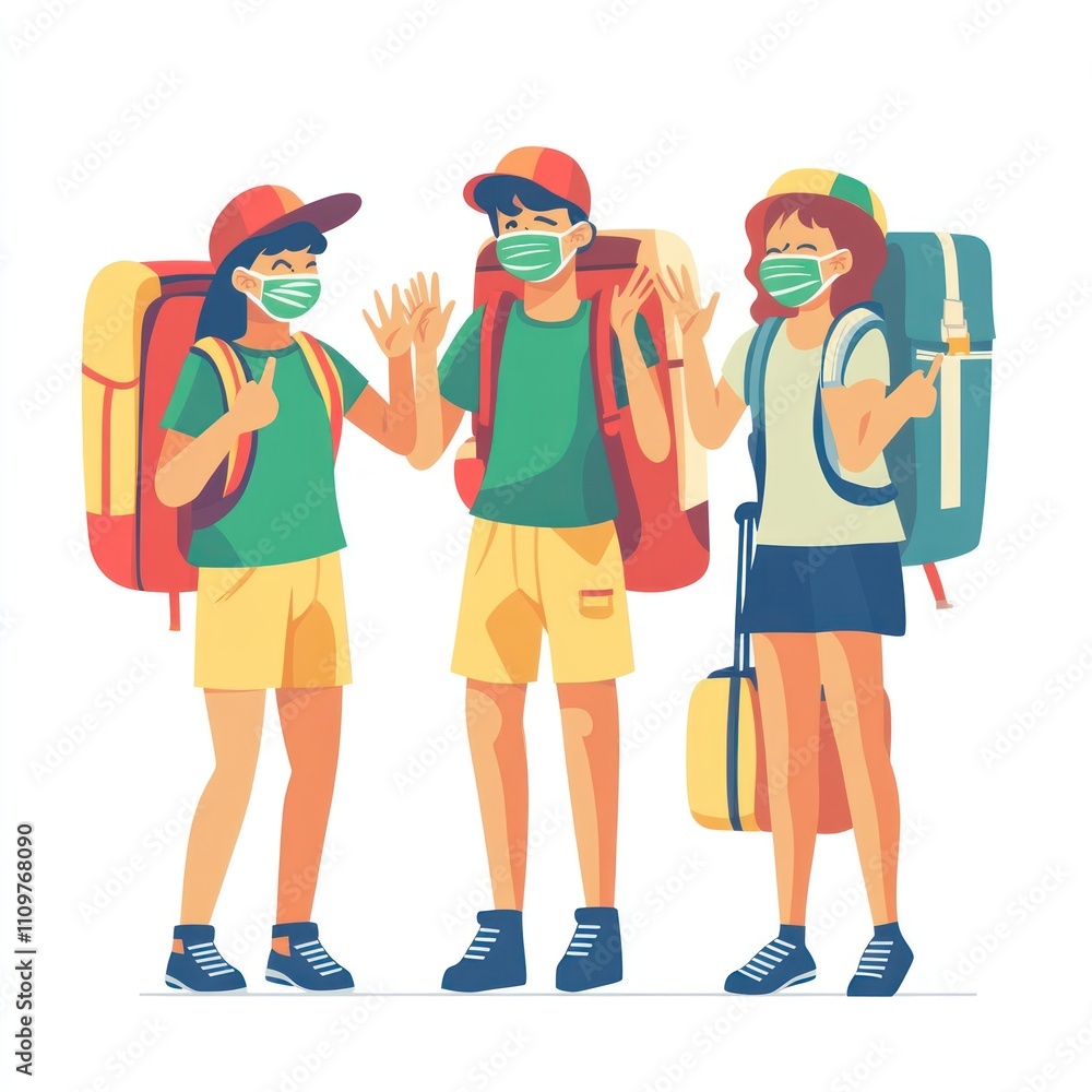 Three children wearing masks, backpacks, and waving. Three children wearing masks, backpacks, and waving.