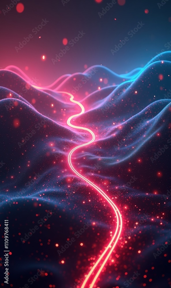 Obraz premium A vibrant neon landscape featuring glowing waves and a luminous path, perfect for futuristic, tech, and creative design themes.