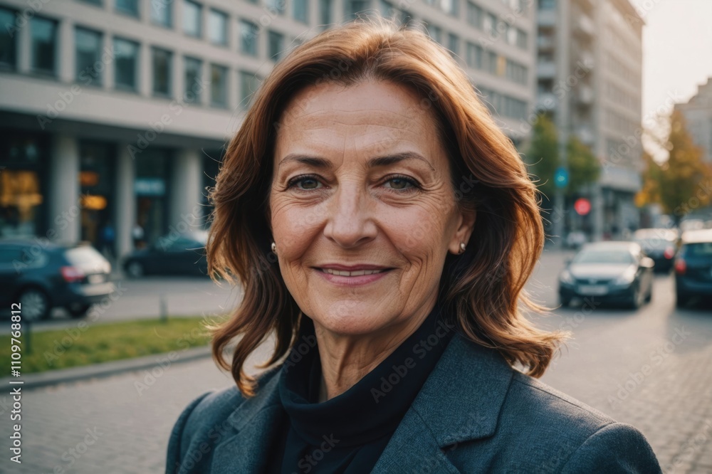 Close portrait of a smiling senior Kosovar businesswoman looking at the camera, Kosovar big city outdoors blurred background Close portrait of a smiling senior Kosovar businesswoman looking at the camera, Kosovar big city outdoors blurred background