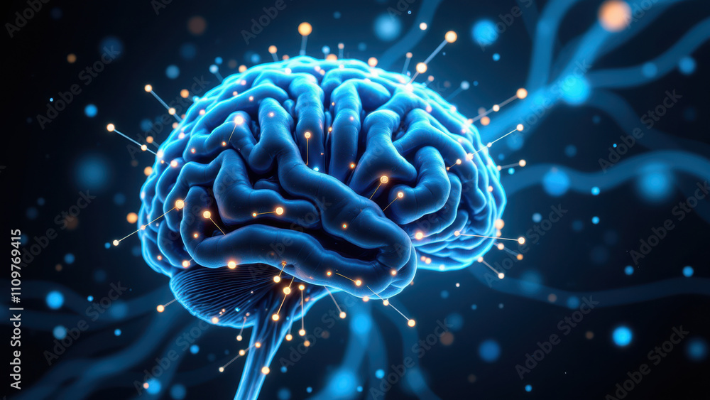 Fototapeta premium A vivid graphic of a human brain with AI highlighted by blue lights and particles.