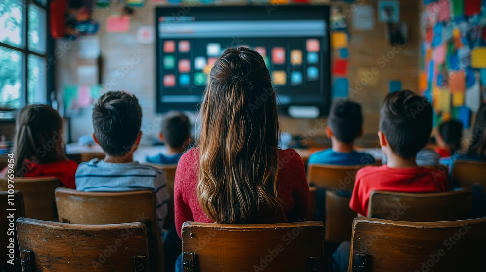 A group of children attentively watches a digital presentation in a vibrant classroom filled with colorful decorations and educational materials A group of children attentively watches a digital presentation in a vibrant classroom filled with colorful decorations and educational materials