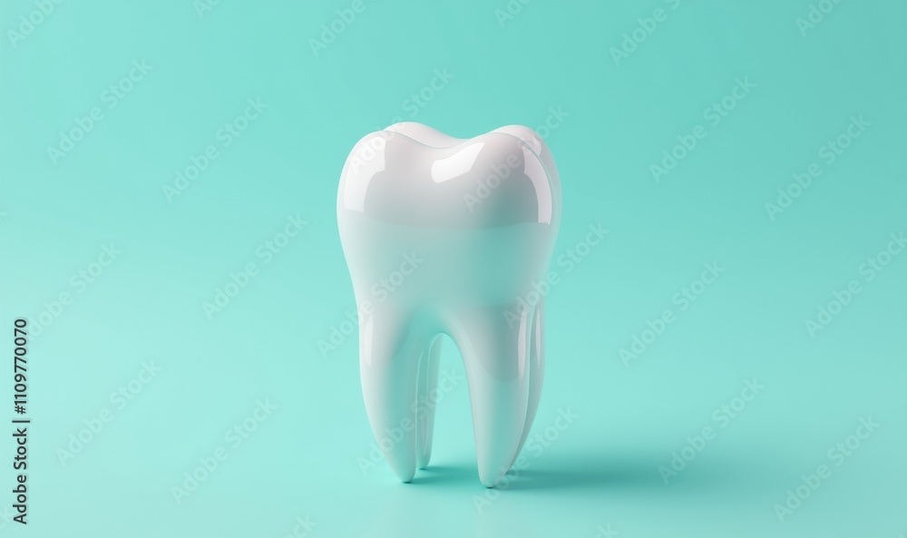 A glossy white tooth sculpture against a soft turquoise background, symbolizing dental health, hygiene, and care. A glossy white tooth sculpture against a soft turquoise background, symbolizing dental health, hygiene, and care.