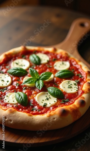 Mouthwatering pizza topped with fresh basil and mozzarella, perfect for food menus, restaurant promotions, or culinary blogs. photo