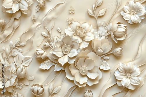 Elegant 3D floral relief artwork with intricate cream-colored flowers and textured petals creating a sophisticated and serene ambiance.