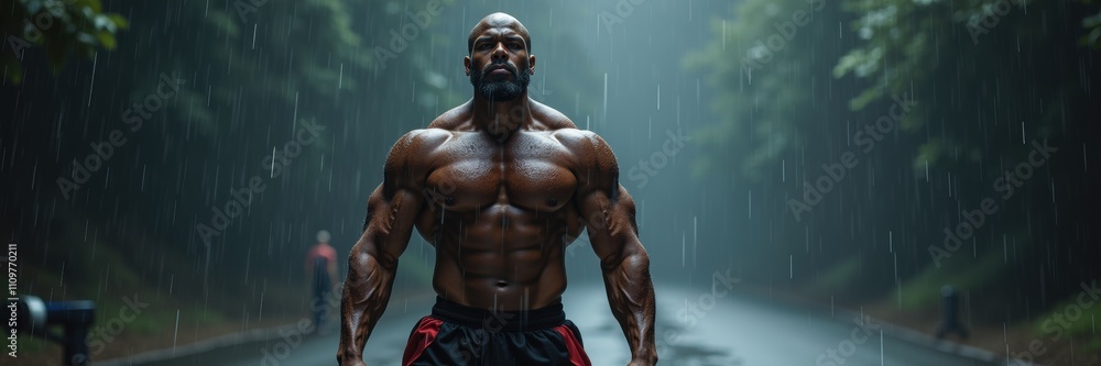 A muscular man stands confidently in the rain, embodying strength and resilience. Ideal for fitness, motivational, or lifestyle themes. A muscular man stands confidently in the rain, embodying strength and resilience. Ideal for fitness, motivational, or lifestyle themes.