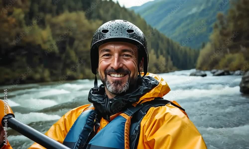 Smiling Kayaker in a Mountain River Smiling Kayaker in a Mountain River