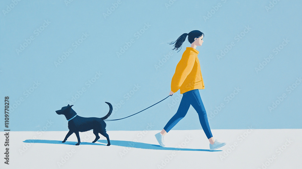Woman Walking Dog Casual Outdoors Blue Sky Pet Leisure Woman Walking Dog Casual Outdoors Blue Sky Pet Leisure