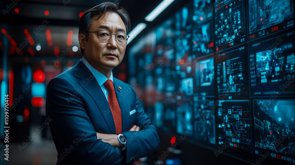 Fototapeta premium A business executive studies data displayed on numerous screens in a high-tech control room while overseeing important corporate operations
