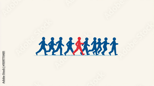 Unique Individual Red Figure Leading Blue Crowd Leadership Success Business Concept