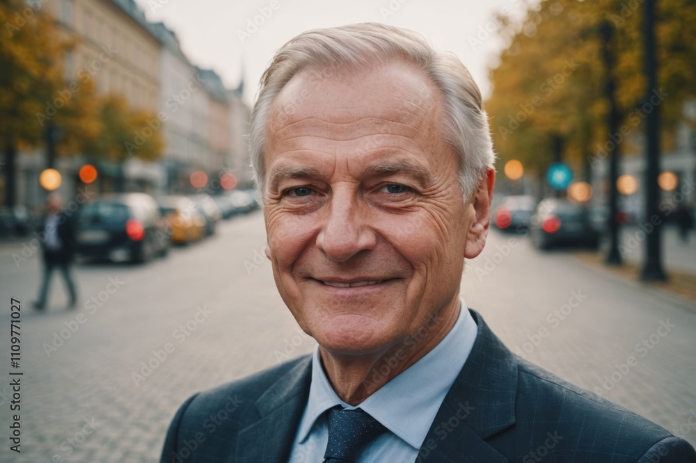 Close portrait of a smiling senior Lithuanian businessman looking at the camera, Lithuanian big city outdoors blurred background Close portrait of a smiling senior Lithuanian businessman looking at the camera, Lithuanian big city outdoors blurred background