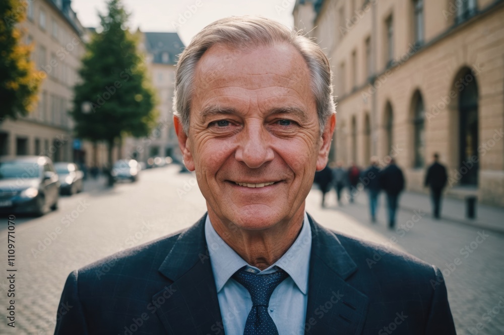Close portrait of a smiling senior Luxembourgish businessman looking at the camera, Luxembourgish big city outdoors blurred background Close portrait of a smiling senior Luxembourgish businessman looking at the camera, Luxembourgish big city outdoors blurred background