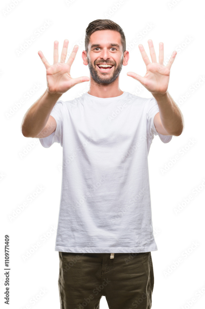 Young handsome man over isolated background showing and pointing up with fingers number ten while smiling confident and happy. Young handsome man over isolated background showing and pointing up with fingers number ten while smiling confident and happy.