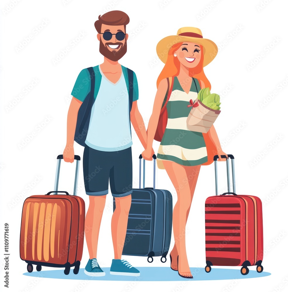 Happy couple on vacation, holding hands and luggage. Happy couple on vacation, holding hands and luggage.