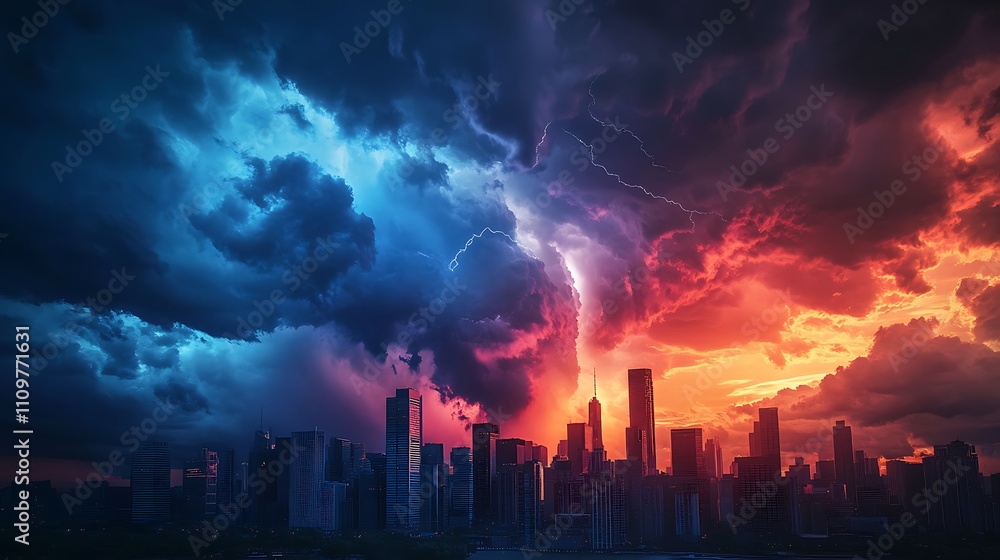 Dramatic cityscape with vibrant lightning storm. Dramatic cityscape with vibrant lightning storm.
