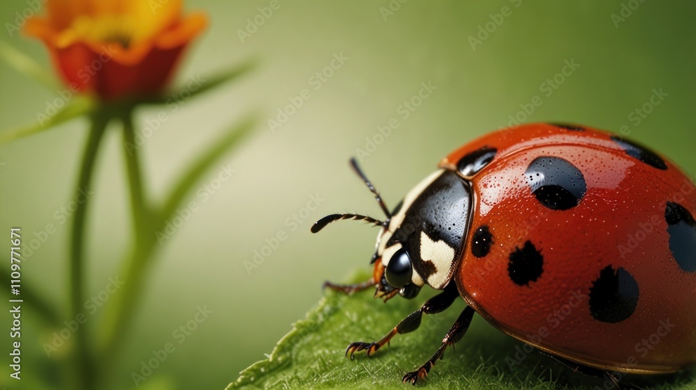 Close-up of ladybug on green leaf near orange flower. Close-up of ladybug on green leaf near orange flower.