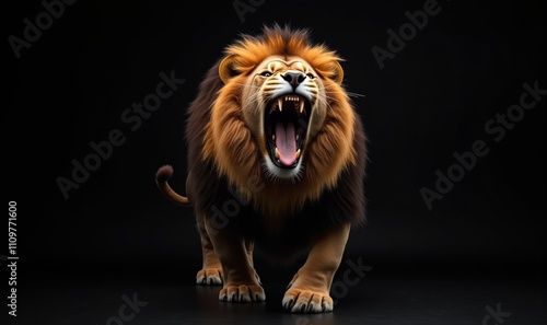 A fierce lion roaring against a dark background, showcasing power and majesty. Ideal for wildlife, conservation, and strength-themed projects. photo